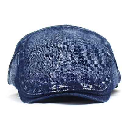 Modern streetwear denim ivy cap, a trendy flat peak hat providing urban style for all.
