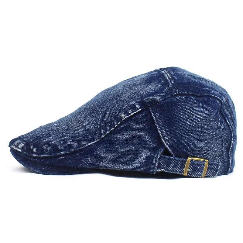 Versatile unisex denim ivy cap, a classic flat peak hat for casual, streetwear, and everyday fashion.