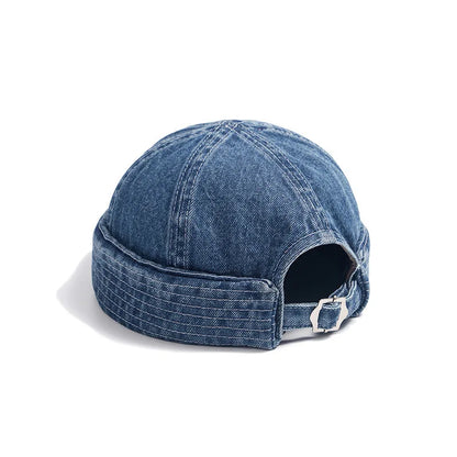 Adjustable unisex denim cap with a fashionable rolled brim. Ideal casual hat for everyday wear & streetwear.