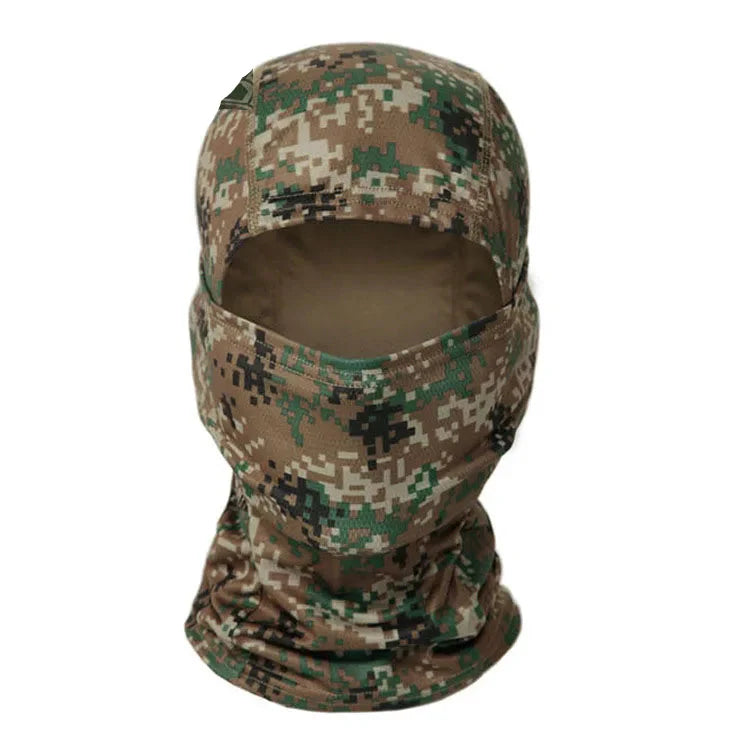 Windproof tactical balaclava in snow camouflage, essential gear for winter outdoor activities