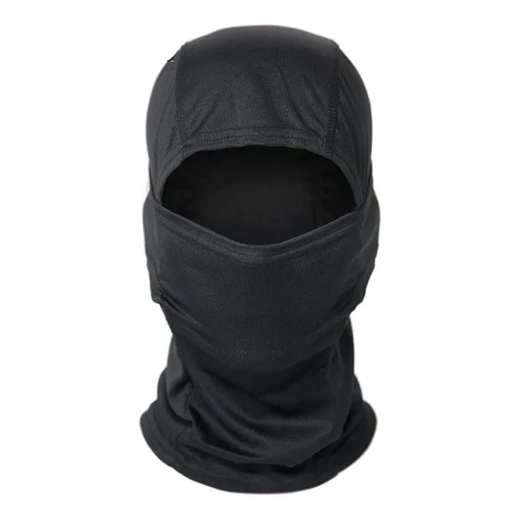 Side view of person wearing tactical camouflage balaclava, offering full face protection