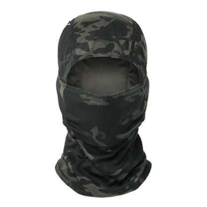 Close-up of the breathable mesh fabric on a tactical camo balaclava, multi-season comfort