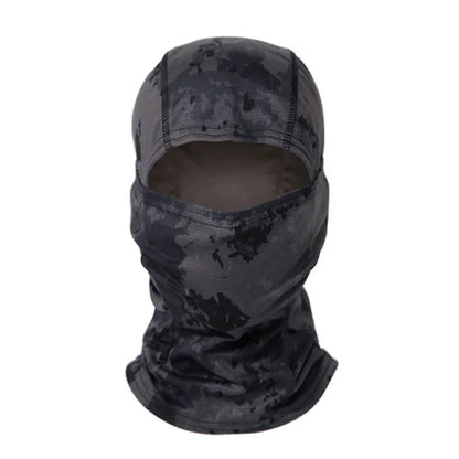 Unisex black tactical balaclava with subtle camo details, ideal for covert operations & airsoft