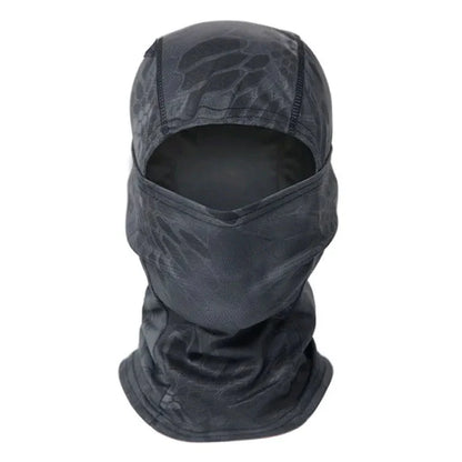 Person wearing a tactical green camo balaclava, demonstrating full head and neck coverage