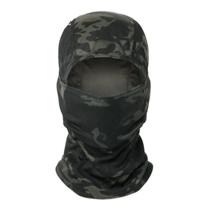 Close-up of military camouflage tactical balaclava, showing breathable fabric detail