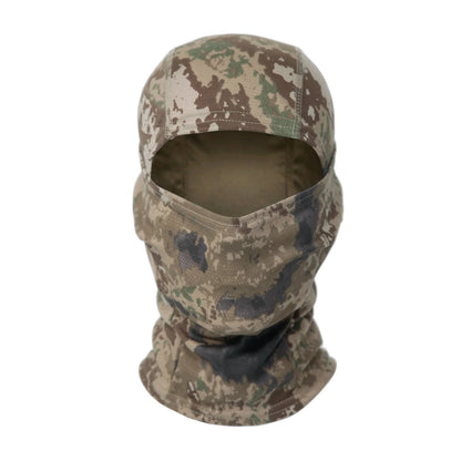 Person wearing woodland camo tactical balaclava, ideal for hunting & outdoor protection