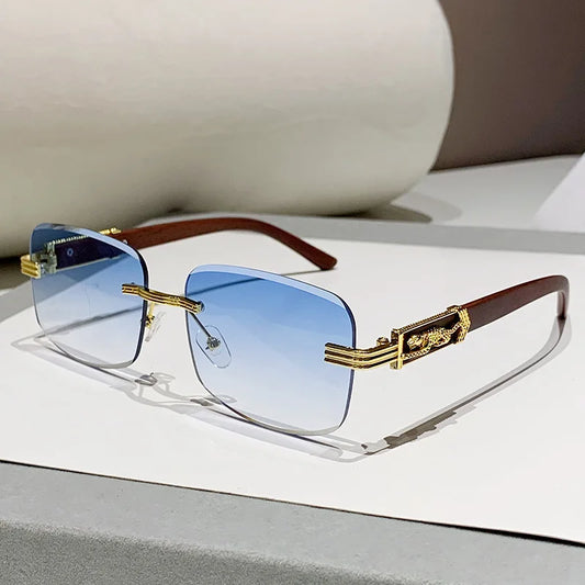 Unisex designer rimless sunglasses with stylish gradient lenses and unique wood texture arms.