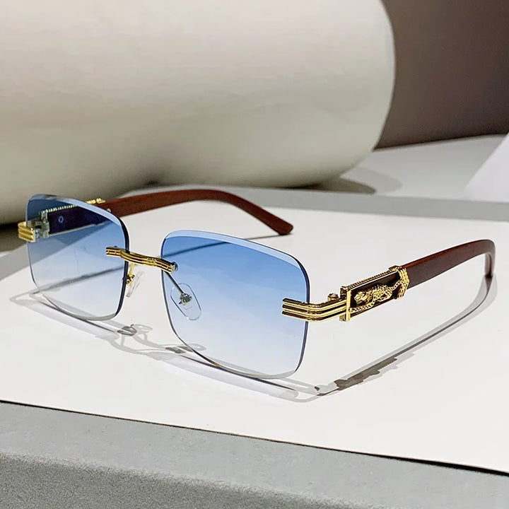 Unisex designer rimless sunglasses with stylish gradient lenses and unique wood texture arms.