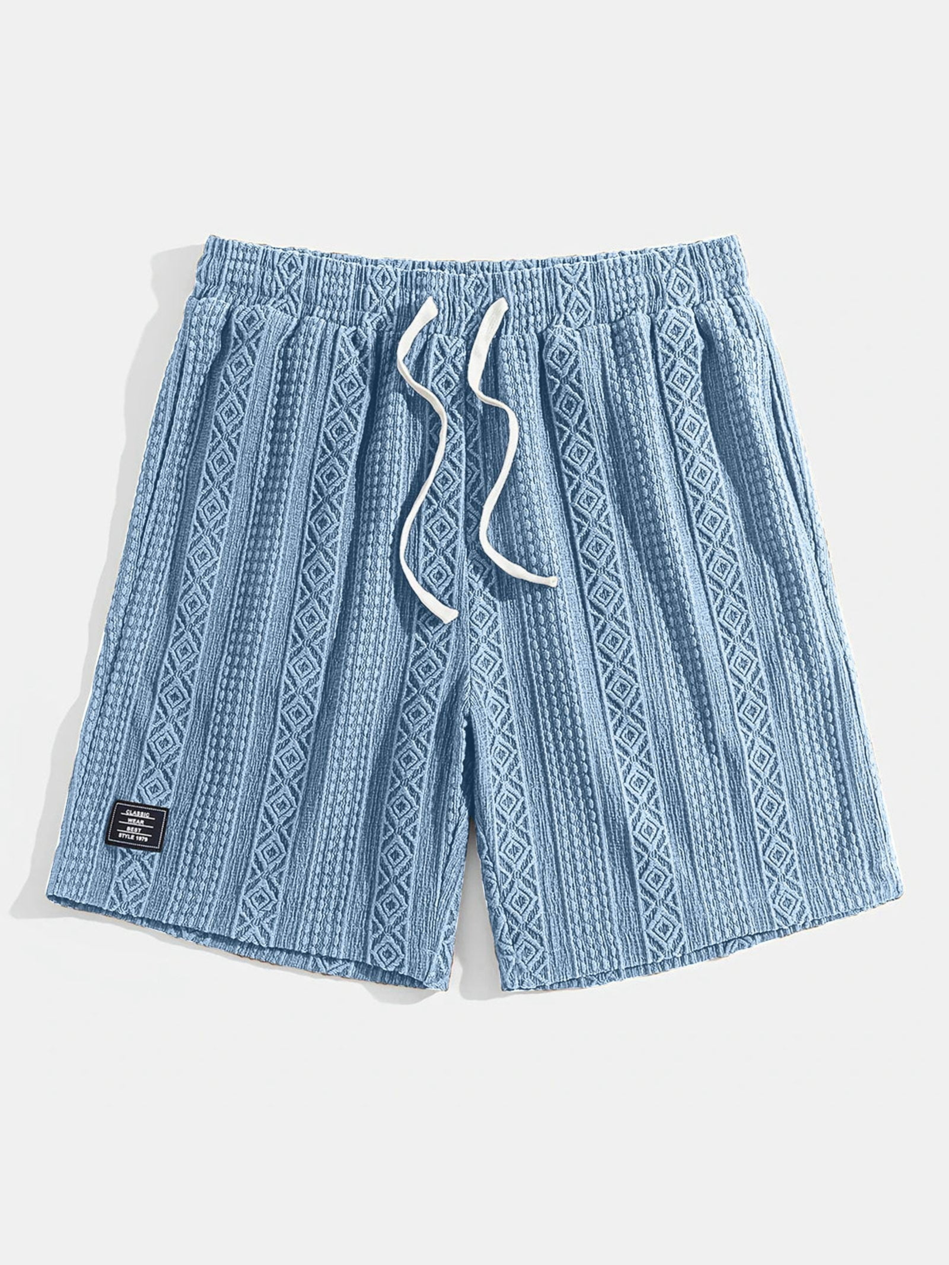 Soft, breathable unisex knit shorts featuring an elegant diamond pattern, perfect for lounging.