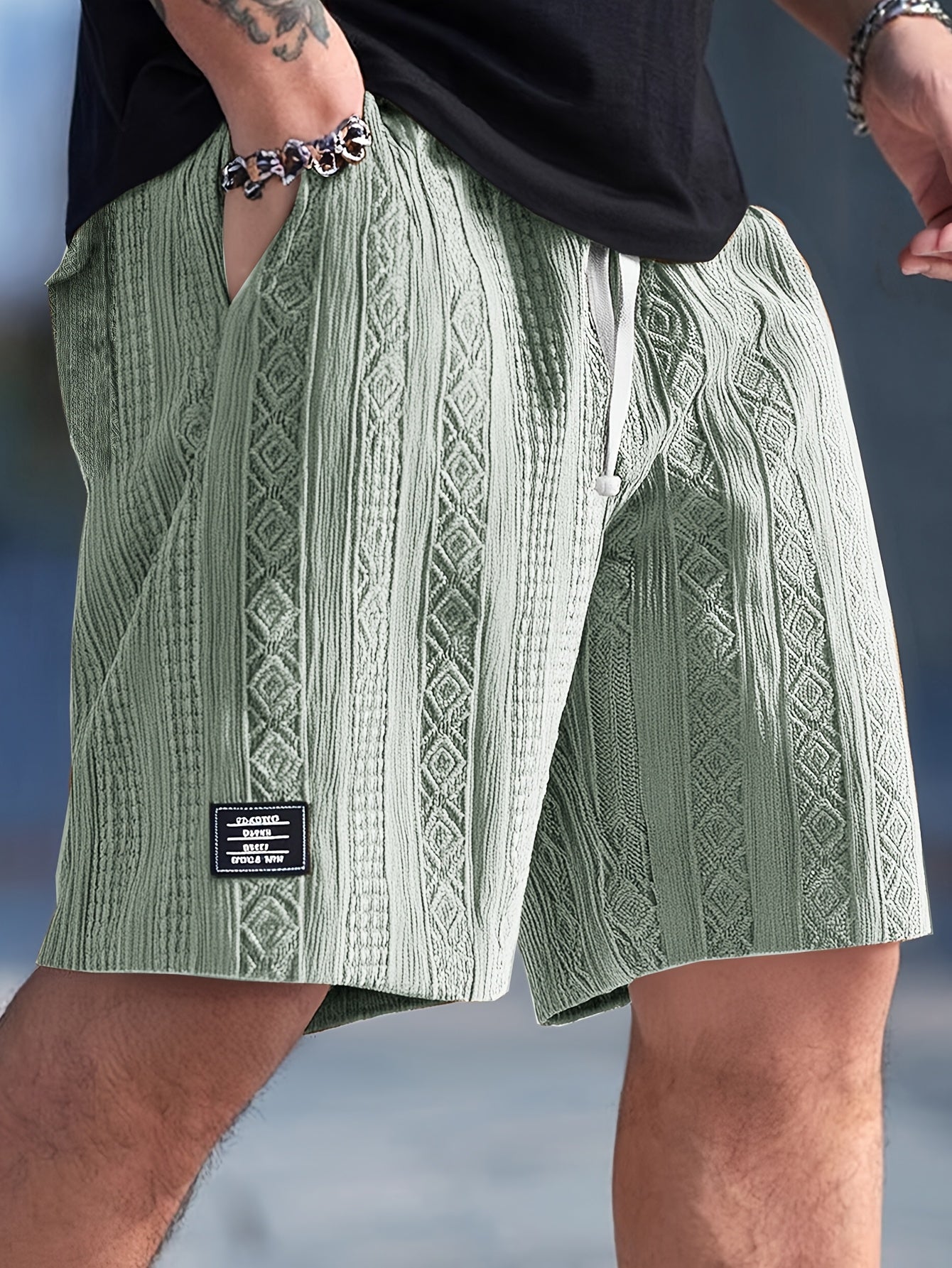 Stylish geometric diamond knit shorts, soft unisex design for comfortable, casual summer wear.