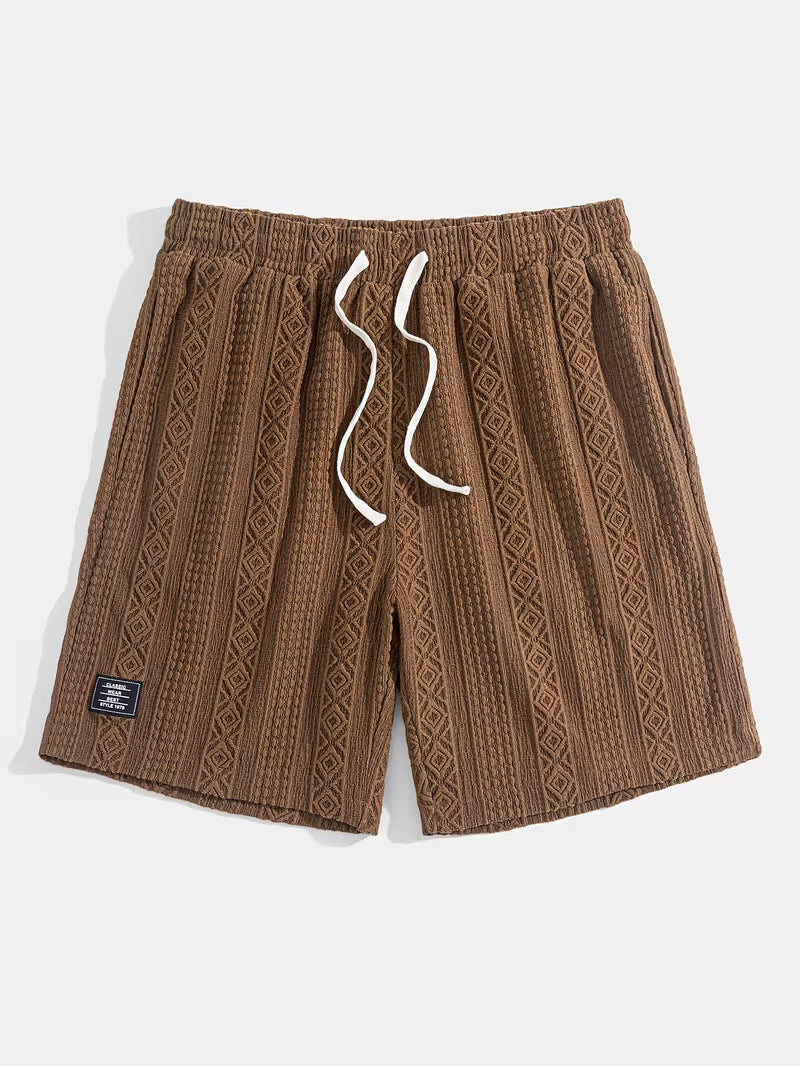 Comfortable unisex diamond knit shorts with geometric pattern, ideal for casual lounging.