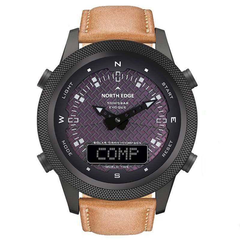Unisex digital solar compass watch for outdoor expeditions, black strap, large display, waterproof