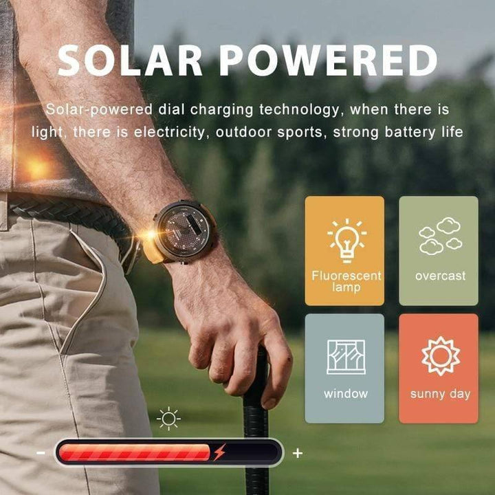 Close-up of a waterproof unisex sports watch, solar-powered with digital compass for men and women