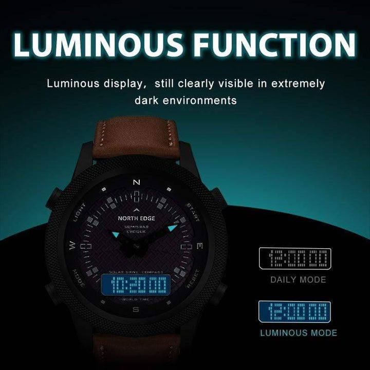Versatile unisex digital solar watch with compass function, ideal for sports and outdoor adventures