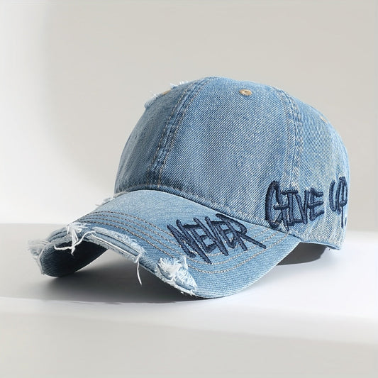 Unisex distressed denim baseball cap with "Never Give Up" embroidery, perfect for casual street style.