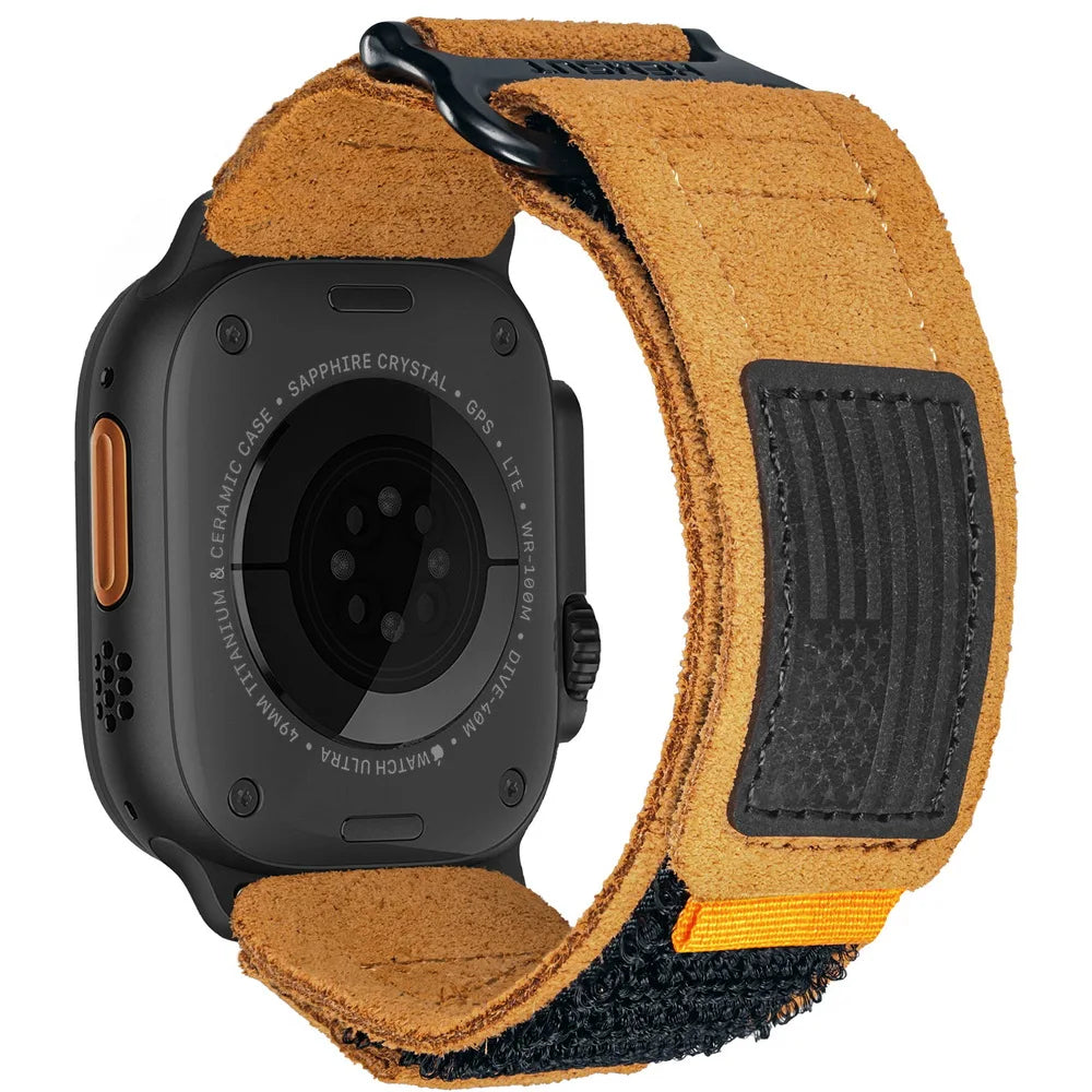 Adventure-ready Apple Watch band: unisex, rugged suede with strong velcro for ultimate security.