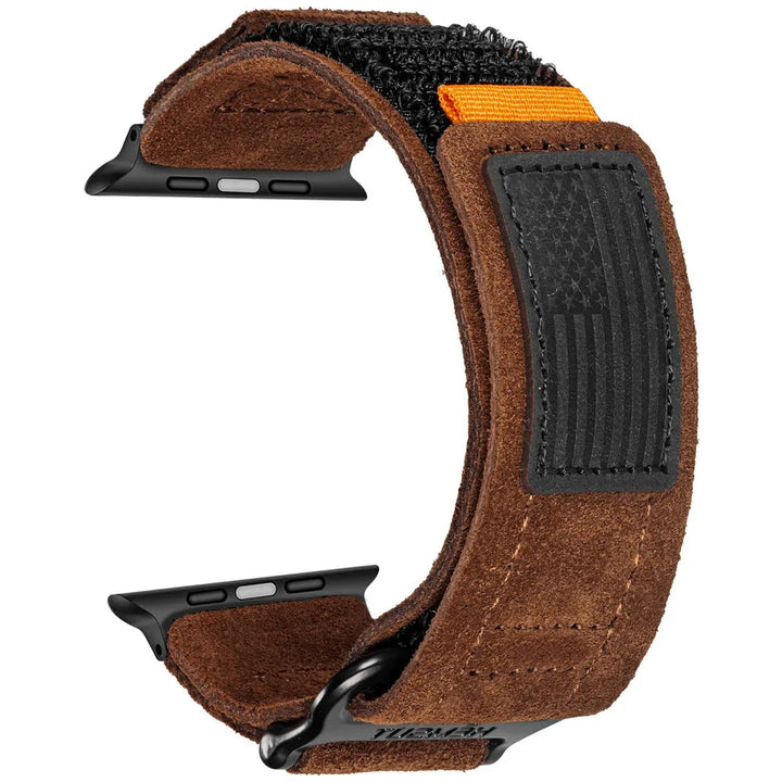 Rugged distressed suede Apple Watch band, a versatile unisex strap with easy-adjust velcro closure.