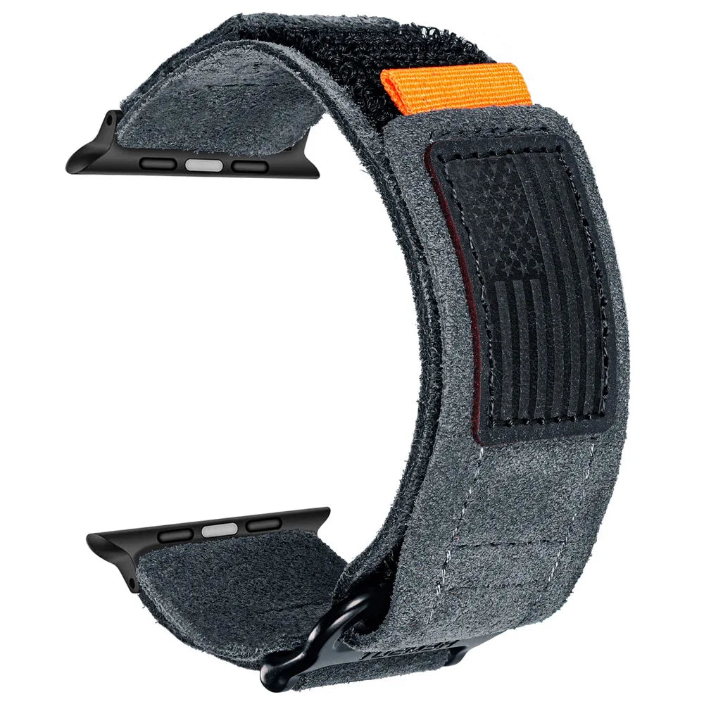 Premium suede Apple Watch band for men and women, featuring secure velcro for adventurous use.