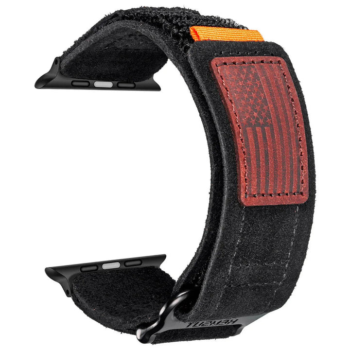 Unisex rugged distressed suede Apple Watch band with secure velcro closure, ideal for adventure & durability.