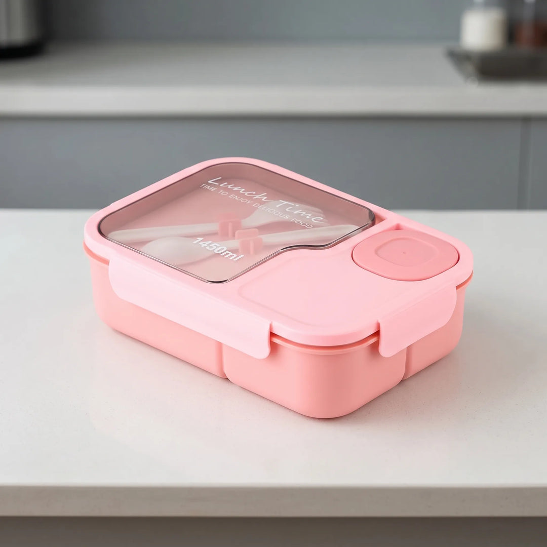 Unisex divided bento lunch box with 3 compartments & utensils. Great for meal prep and food storage.
