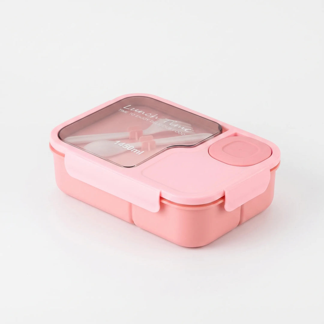 Portable silicone bento lunch box with utensils for school, work, or travel meals. Features 3 compartments.