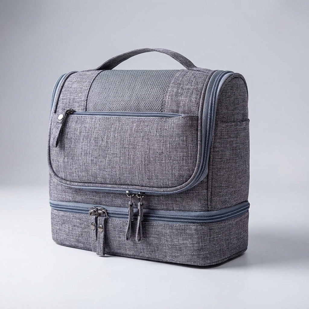 Organized unisex travel dopp kit with two compartments for toiletries & cosmetics.