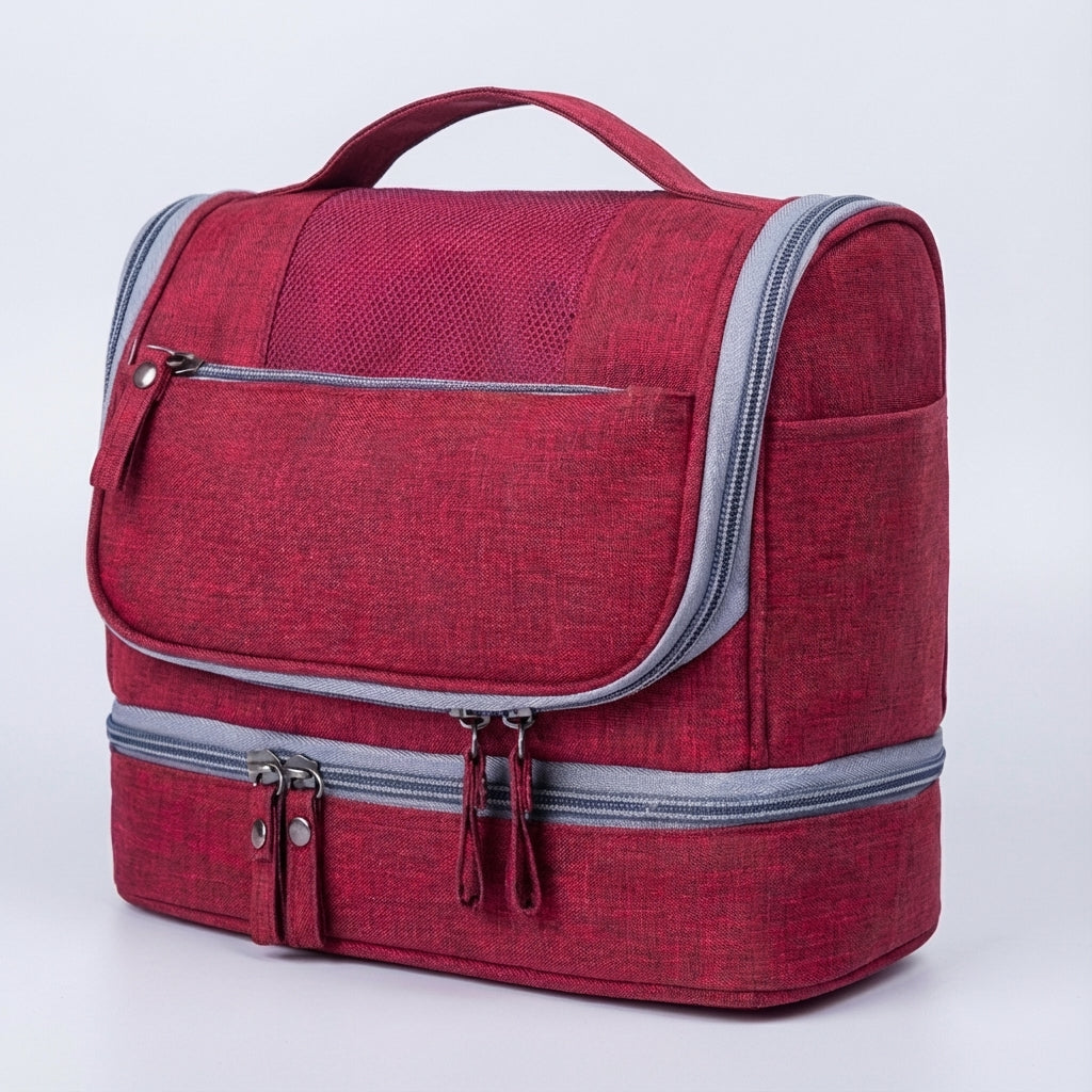 Durable, waterproof unisex travel toiletry bag with double compartments, ideal for organized packing.
