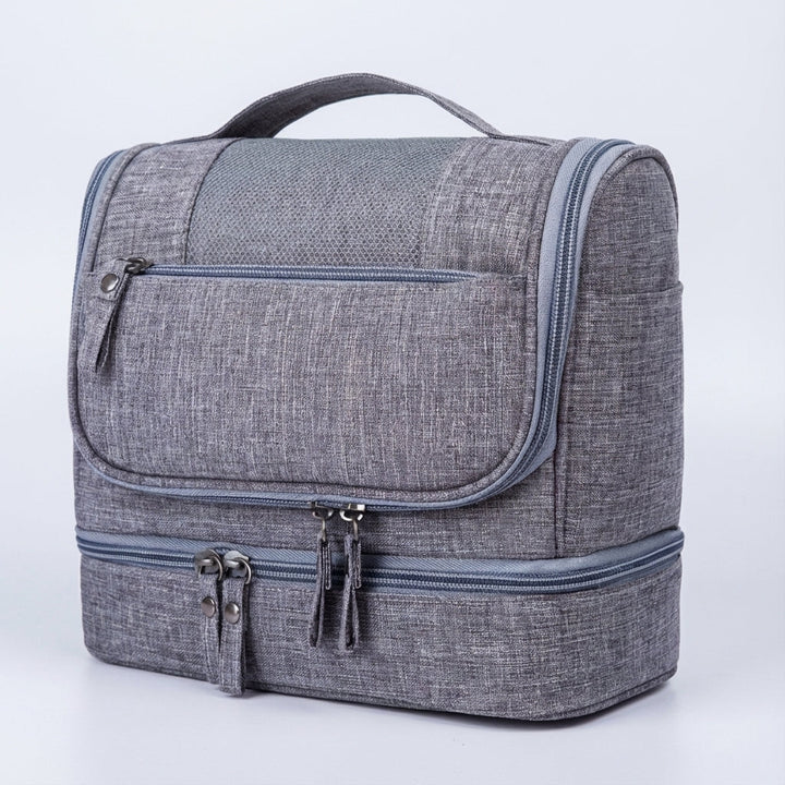 Compact unisex travel cosmetic organizer, double compartment, perfect for travel essentials.