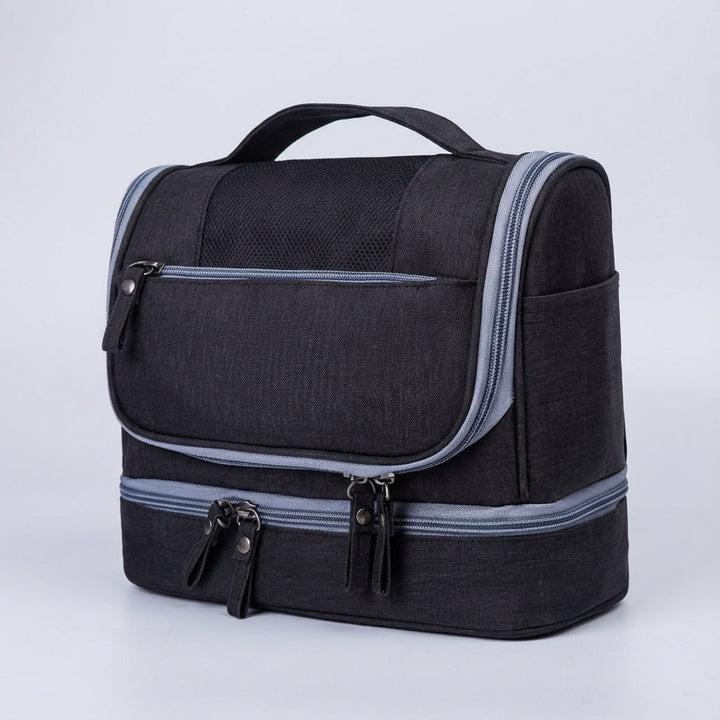 Versatile double compartment makeup bag and cosmetic organizer, waterproof, for travel convenience.
