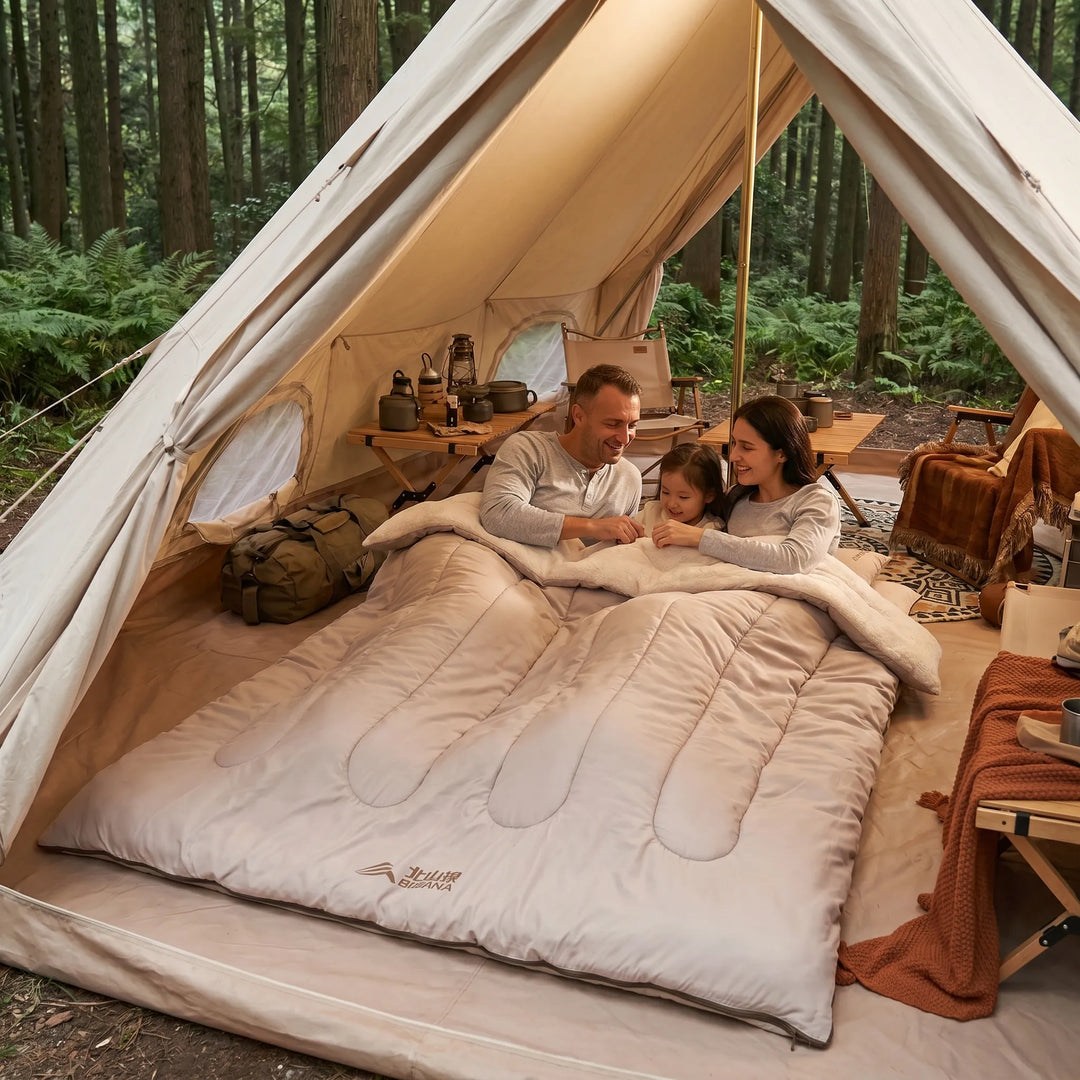 Unisex double detachable sleeping bag for camping & hiking. Warm outdoor gear for couples on adventure.