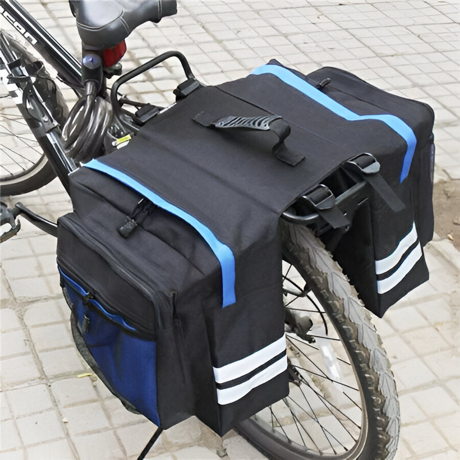 Unisex double pannier rear rack bike bag for MTB & touring. Durable cycling storage & bicycle accessory for adventurers.