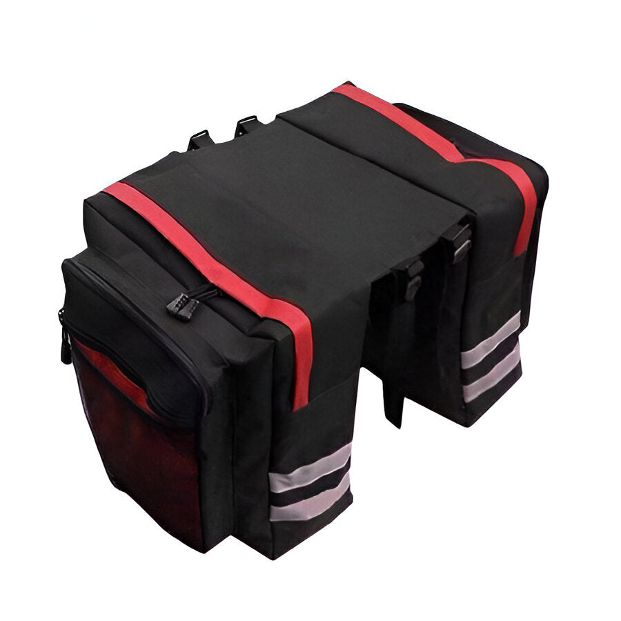 Spacious unisex double pannier bike bag securely attaches to rear racks. Perfect cycling storage for MTB, touring & commutes.