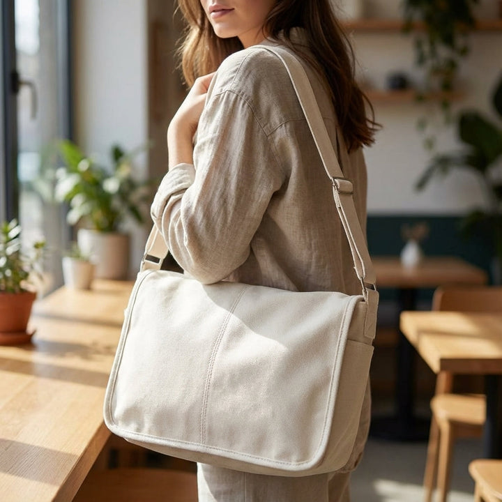 Unisex durable canvas shoulder bag, perfect for everyday use, work, or school. Features sturdy design.