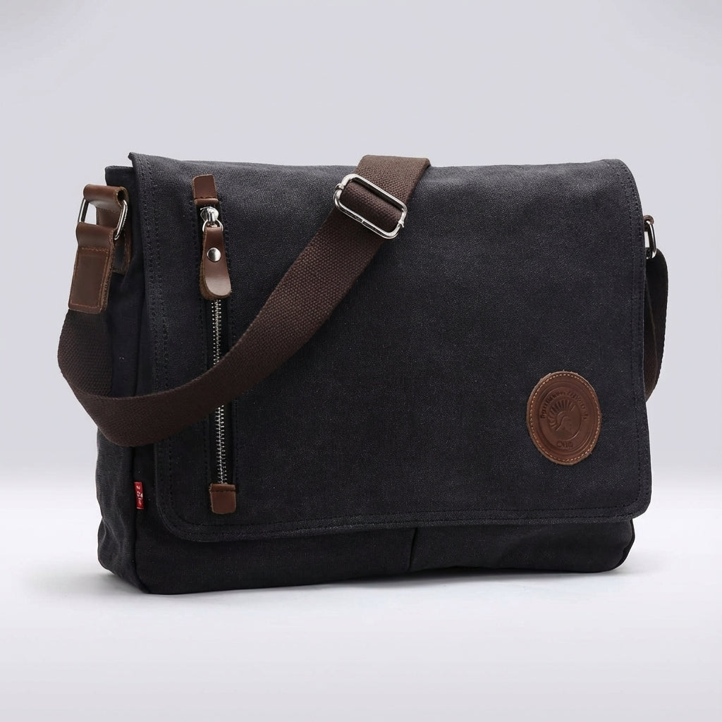 Front view of a stylish unisex canvas shoulder bag, ideal for everyday use and comfortable wear.