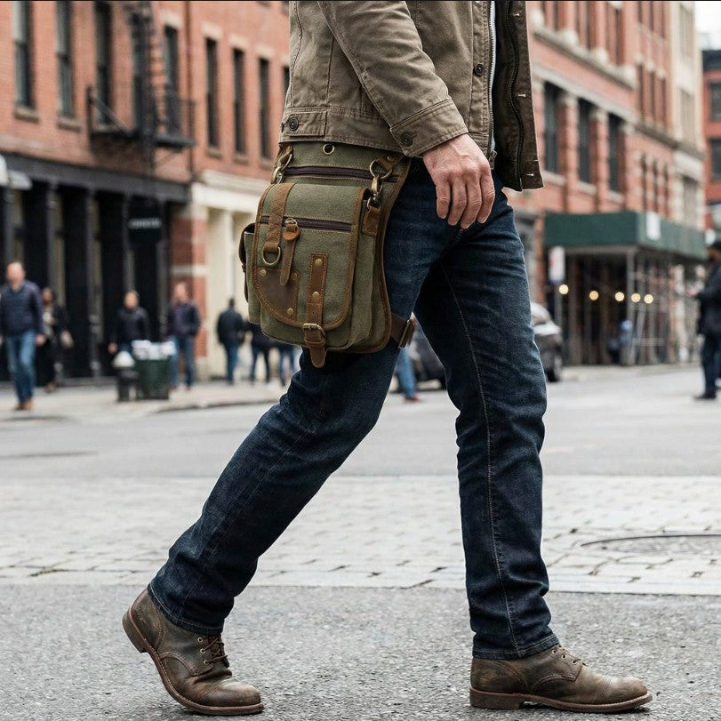 Stylish unisex tactical canvas crossbody bag, featuring multi-pocket design for organized travel & daily commuting.
