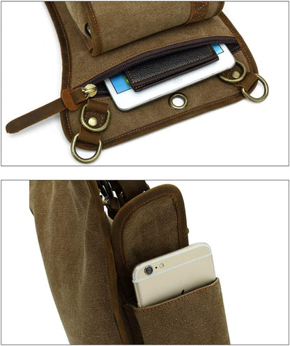 Hard-wearing canvas tactical shoulder bag, unisex design with secure multi-pocket compartments for outdoor gear.