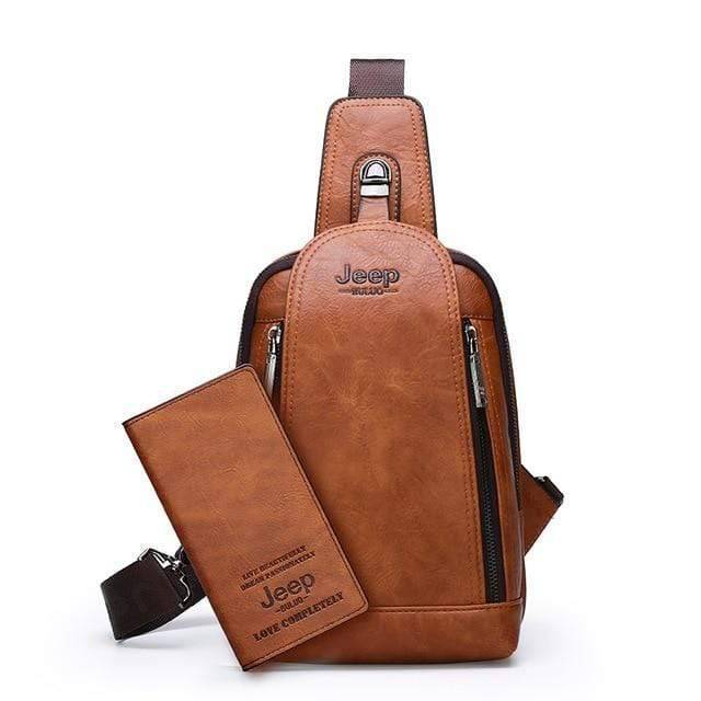 Unisex durable dark brown leather sling bag, large capacity, for travel and hiking adventures
