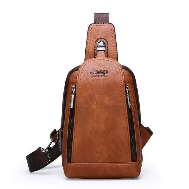 Detailed shot of the robust zipper and stitching on a durable leather sling backpack