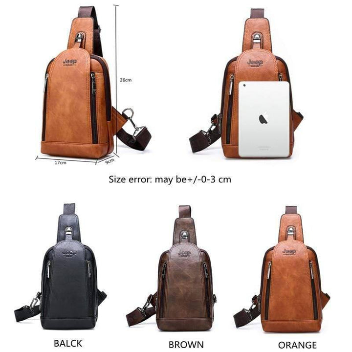 Stylish caramel leather sling bag with adjustable strap, perfect cross-body for outdoor gear