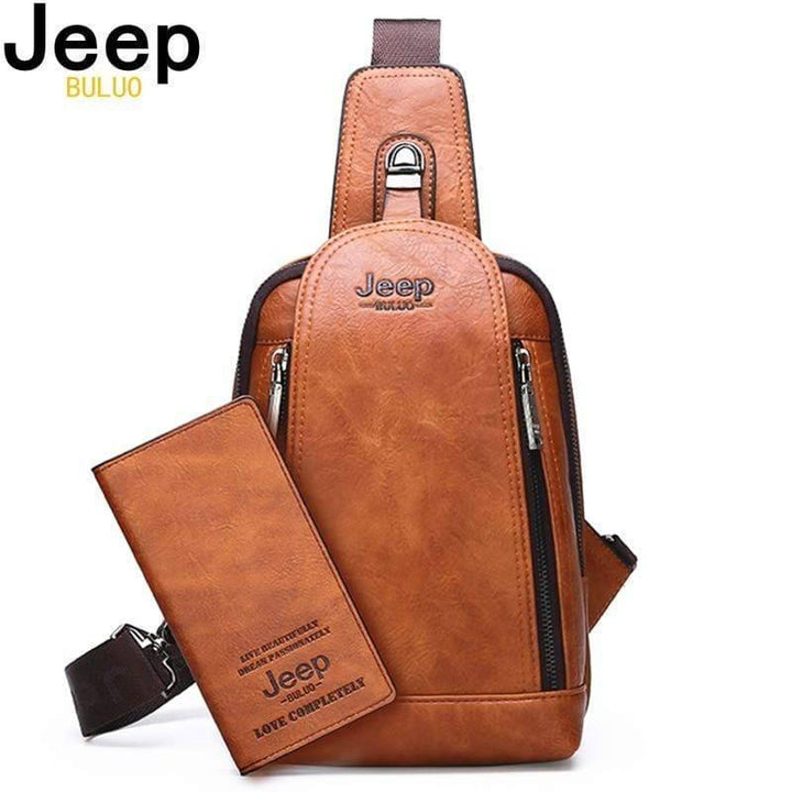 Black full-grain leather hiking sling bag, unisex design, ample storage for travel essentials