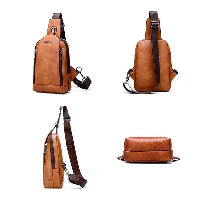 Front view of a rugged tan leather shoulder sling bag, practical chest bag for hiking