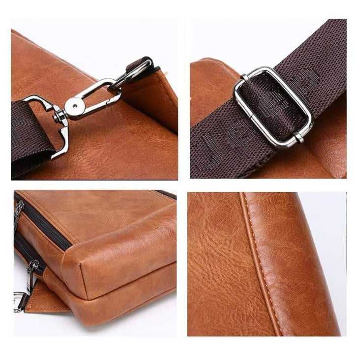 Back view of a spacious leather travel sling, showing comfortable strap and unisex design