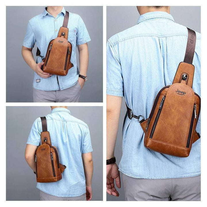 Close-up of the textured durable leather on a unisex hiking and travel sling bag