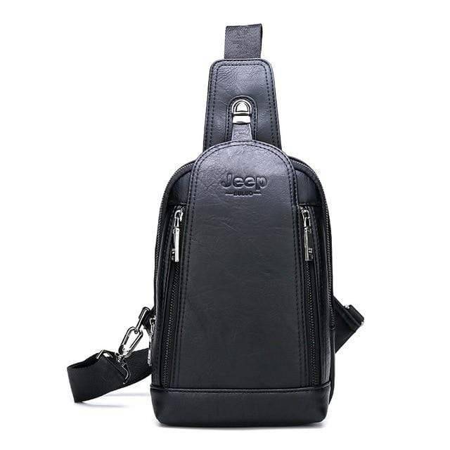 Model wearing a brown leather sling bag cross-body, showcasing its travel and outdoor utility