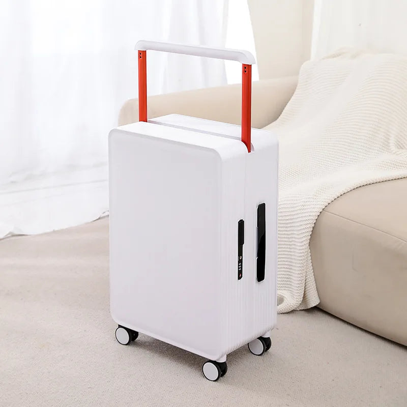 Travel-ready hard shell suitcase, ideal for both carry-on and checked luggage, with spinner wheels.