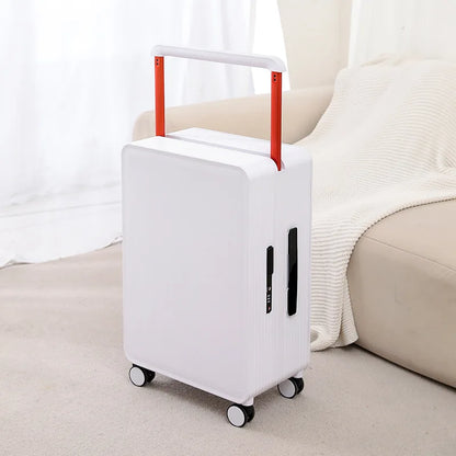 Travel-ready hard shell suitcase, ideal for both carry-on and checked luggage, with spinner wheels.