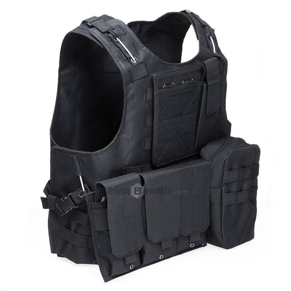 Front detail of MOLLE webbing & hook-and-loop panel on a black tactical plate carrier vest