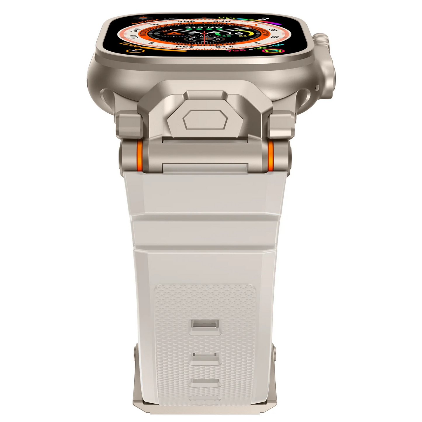 Front view of versatile silicone smartwatch band, unisex, rugged, & comfortable.
