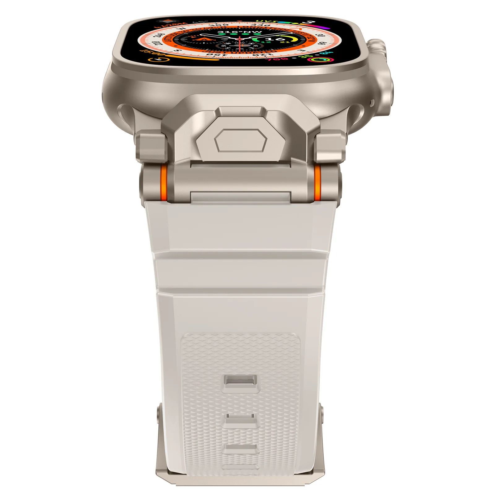 Front view of versatile silicone smartwatch band, unisex, rugged, & comfortable.