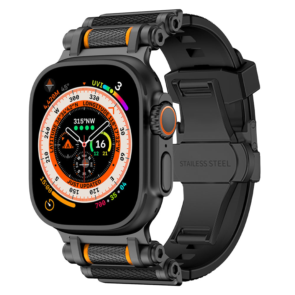 Black silicone replacement strap for Apple Watch, resilient and soft on skin.